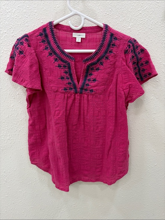 J. Jill Tops - J. Jill Hot Pink Short-Sleeve Tunic with Navy Embroidery